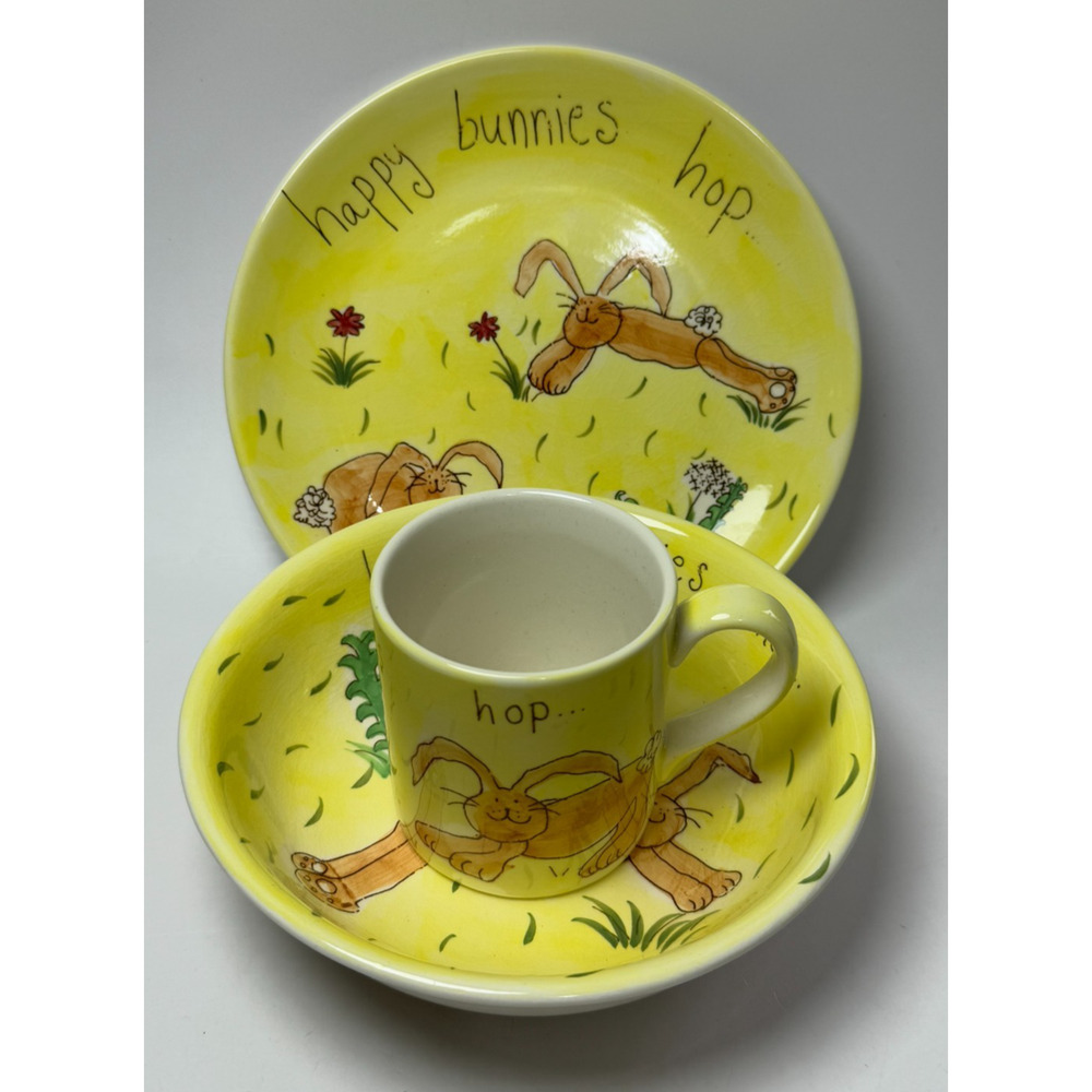 Vintage Happy Bunnies Hop Child's China Plate Mug Bowl Set Whittard of Chelsea